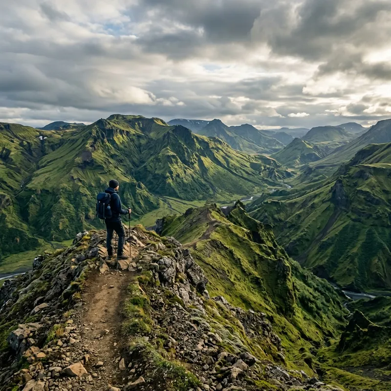 Hiker standing on a ridge looking at green mountains in Thórsmörk
