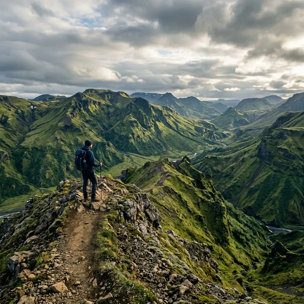 Hiker standing on a ridge looking at green mountains in Thórsmörk